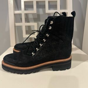 Marc Fisher Black Croc-Embossed Lace-Up Boots